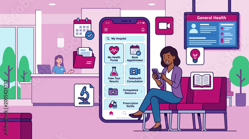 Female nurse at medical reception managing appointments and patient records on a digital app