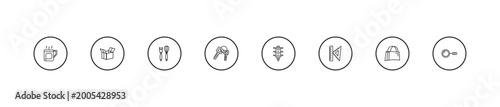 Konstfotografi outline tools and utensils icons set - utensils, key ring with two keys, semaphore lights