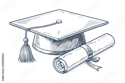 Hand-drawn sketch of a classic academic graduation cap with a tassel and a rolled diploma scroll, symbolizing educational achievement, success, and future aspirations on a white background.