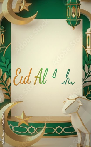 Eid Al Adha Islamic 3D Greeting Card Template with Copy Space