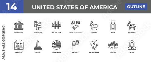 Tableau sur toile outline united states of america icons set - government, democracy, flag day