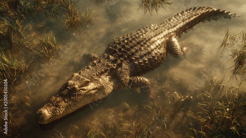 Crocodile submerged in murky swamp water with reeds