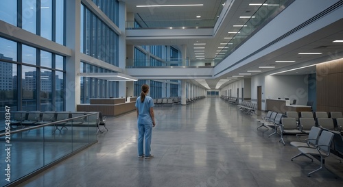Single nurse in a wide empty hospital interior showing staff shortage