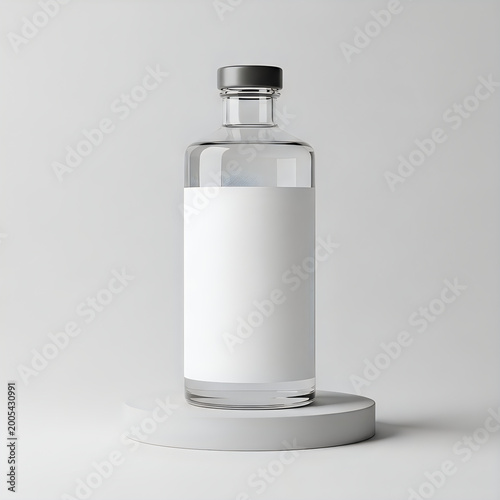 Clear glass bottle with blank white label on a light gray circular stand