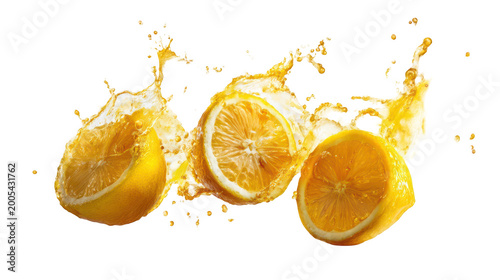 fresh lemon slices splashing in white background with citrus juice spray