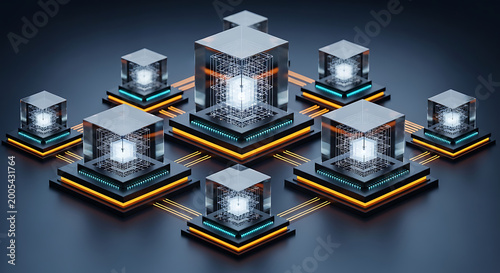 abstract quantum computing network with illuminated cube structures and glowing connections high quality professional