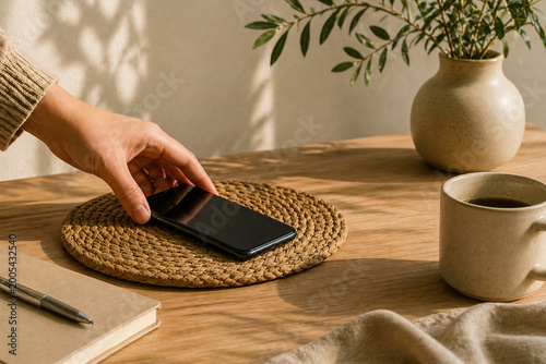 Close-up of hand placing smartphone face down on desk, soft natural light, minimalist environment, digital detox and focus concept.