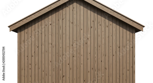 Rustic wooden shed facade detail showing vertical planks and gable roof texture, natural wood grain, construction material, architectural element