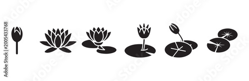 Quadro em tela Water lily flower silhouette icons and aquatic pond plants.