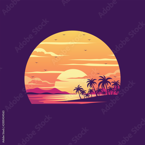 Vibrant tropical sunset illustration with palm trees silhouetted against an orange and yellow sky over calm water and distant mountains.