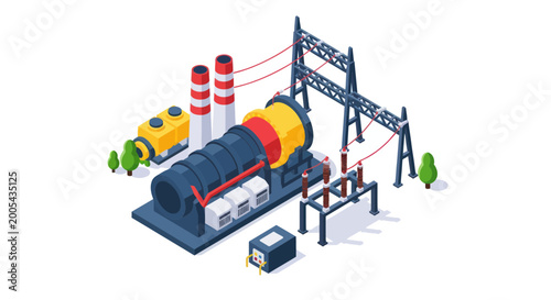 Industrial power plant turbine and transmission tower, 3D isometric illustration