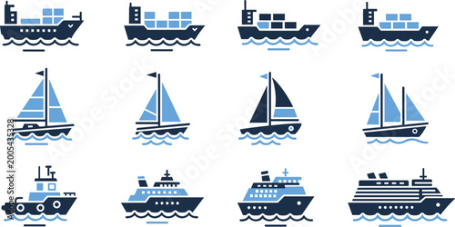 Photos Stylized icons of cargo ships sailboats tugboats passenger vessels and cruise sh