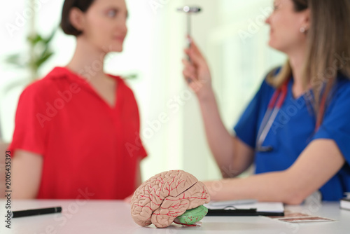 Fotografía Doctor demonstrating brain model during consultation, patient attentive in moder