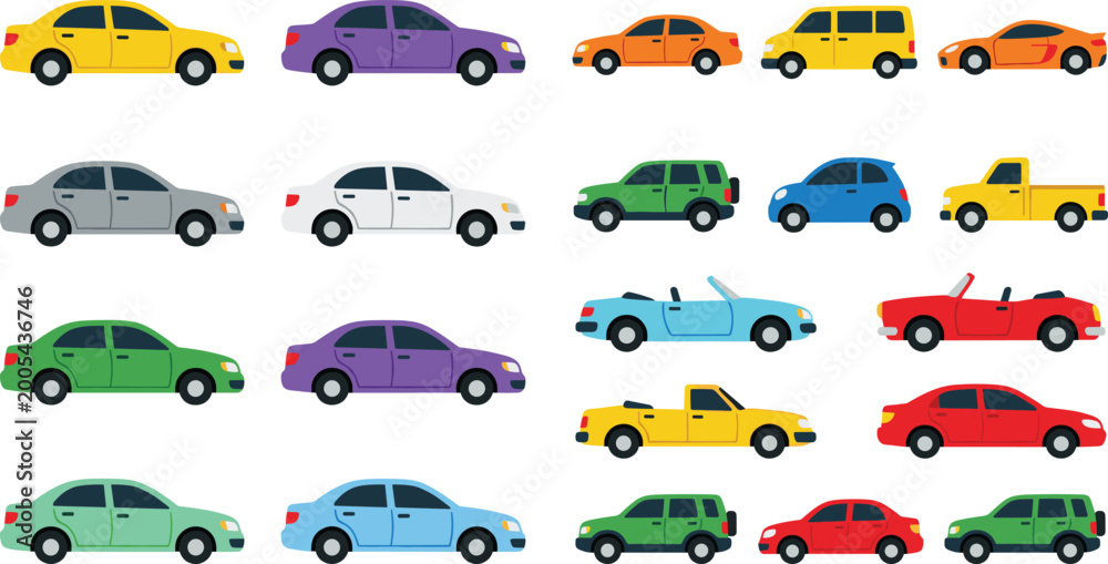 Naklejka premium Colorful Cartoon Car Collection - Flat Design Illustrations of Various Vehicles in Bright Colors Including Sedan, SUV, Truck and Convertible Models