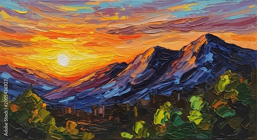 Vibrant mountain landscape, sunset over snow-capped mountains, colorful sky with orange hues, serene natural scenery