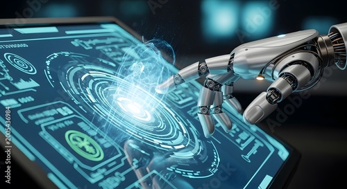 Robotic hand, futuristic interface, circuit board, technology concept, innovation design