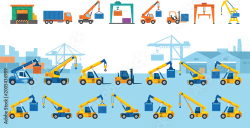 Tableau sur toile Container port logistics and construction machinery set with cranes forklifts tr