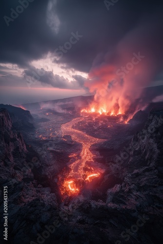 An aerial view of a lava flow from a volcano erupting at night, with molten lava flowing into the ocean and smoke billowing from the ground.