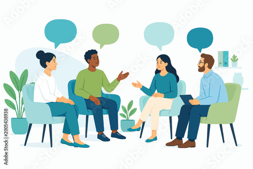 Diverse people having open conversation with speech bubbles active listening in office, workplace communication concept, flat illustration