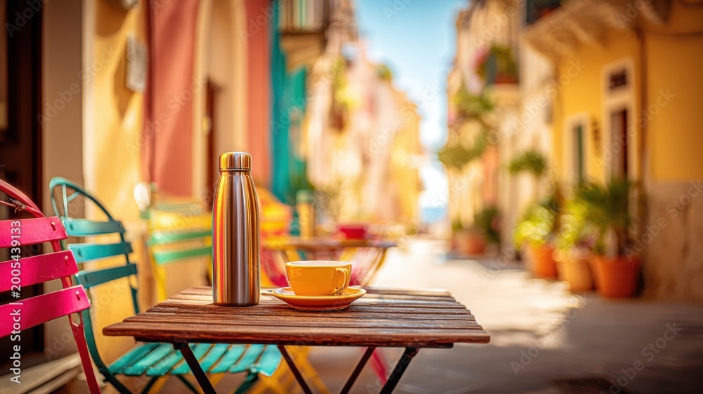 Obraz premium Spring Summer outdoor leisure relaxation activity. A vivid, sunlit street scene in a European town. The main subject is a wooden table with a yellow cup and saucer.