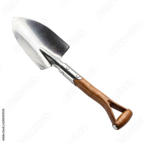 Stainless steel garden hand shovel with wooden handle isolated on transparent background