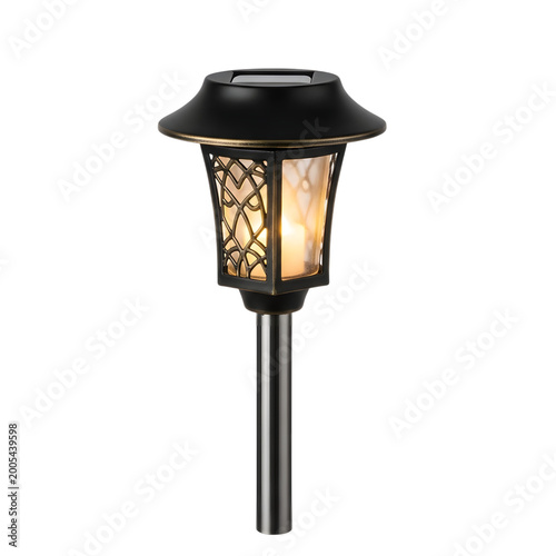 Black outdoor solar garden lamp with lattice design isolated on transparent background