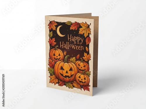 Vintage halloween card with pumpkins and crescent moon illustration