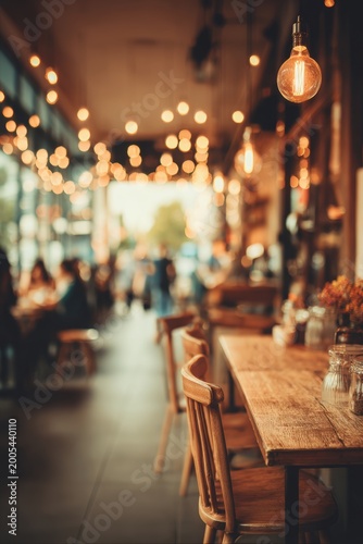 Spring Summer outdoor leisure relaxation activity. A vivid, warmtoned photograph of an indoor cafe or restaurant. The main subject is a wooden table with a few glass jars and a vase of flowers on it.