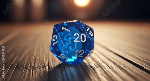 Blue twenty sided polyhedral dice placed on dark wooden table with soft warm bokeh light effect.