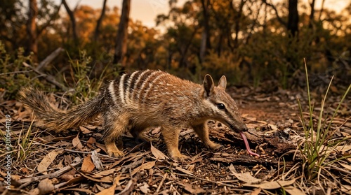 Numbat foraging in dry Australian bushland at sunset, showcasing its unique striped fur and long snout.