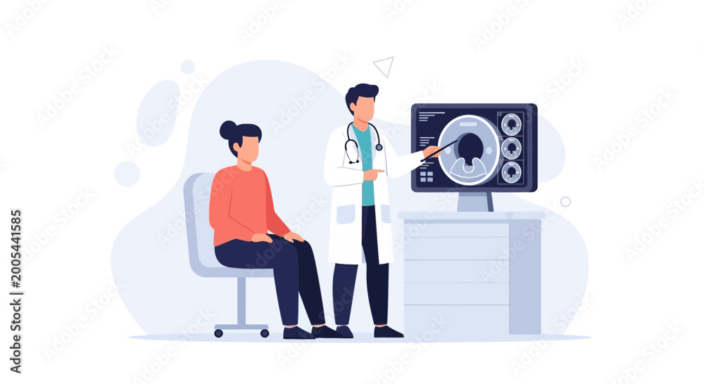 Naklejka premium Doctor shows MRI scan to patient, medical consultation, healthcare concept
