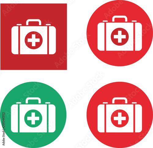 First aid kit icons set with medical bag symbols for emergency healthcare, safety equipment and rescue service design concepts