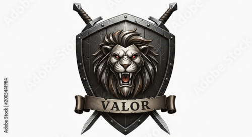 Majestic lion shield emblem with valor inscription isolated on transparent background for branding