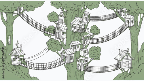 Canvas Print Whimsical Treehouse Village with Rope Bridges Illustration