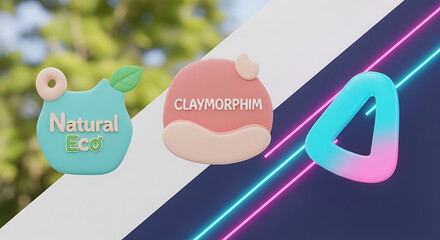 Three 3D rendered modern logos with soft pastel and neon accents, natural eco emblem, claymorphim label, and abstract triangle shape, representing branding and digital design concepts