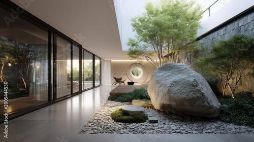 Modern indoor garden with large boulder and glass sliding doors, featuring minimalist design and natural elements.