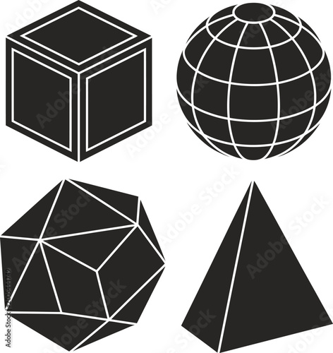 Set of four black and white geometric 3d shapes including cube grid sphere dodecahedron and pyramid isolated on white background vector.
