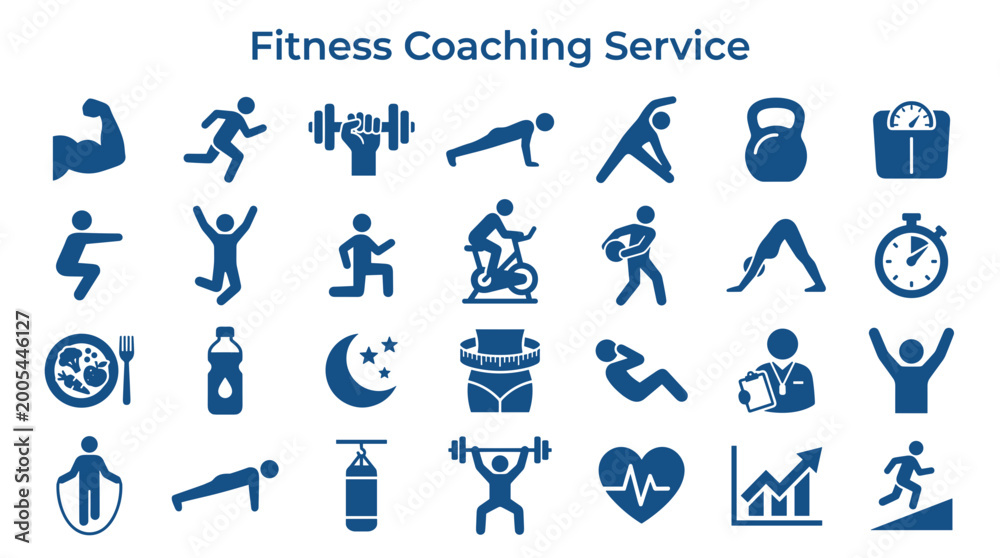 Fototapeta premium Fitness coaching service icons and symbols representing health and wellness activities including exercise nutrition and lifestyle choices for a healthy body and mind