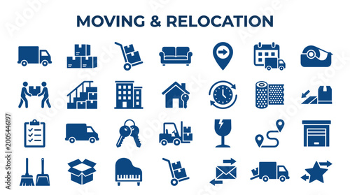 Schilderij op canvas Moving and relocation service icons set vector illustration truck boxes furnitur