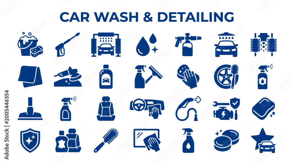 Fototapeta premium Car Wash and Detailing Service Icons Collection Featuring Cleaning Tools and Vehicle Care Equipment for Auto Service Businesses