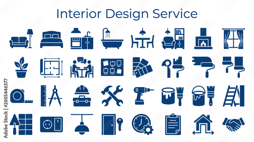 Obraz premium Interior design service concept with icons representing home renovation and construction elements for residential and commercial spaces