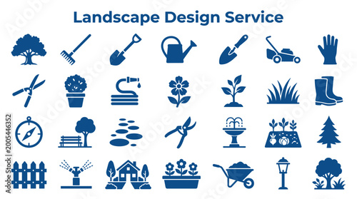 Fotografi Collection of landscape design service icons and symbols representing gardening