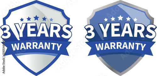 Photos 3 year warranty label or badge design, with a minimalist, glossy, isolated blue shield icon