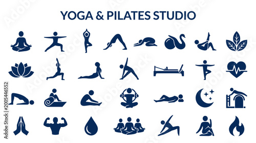 Obraz na plátne Collection of yoga and pilates studio icons representing various poses and welln