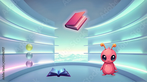  Crystal Guardian of Dreams.  Surreal fantasy illustration. A crystal guardian and glowing pink floating book with crystal spheres. Dreamy library background. Flat vector art. No people.