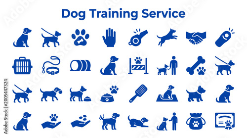 Tableau sur toile Dog training service icons set representing obedience commands, care, and positi