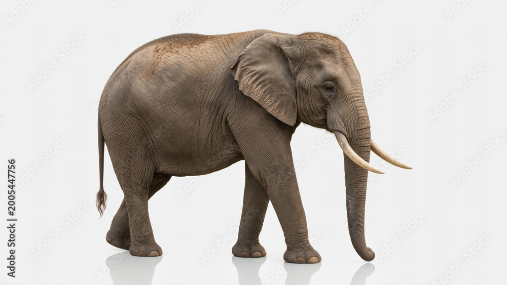 Fototapeta premium Realistic elephant side view isolated on a clean white background, detailed wildlife image with natural texture and full body.