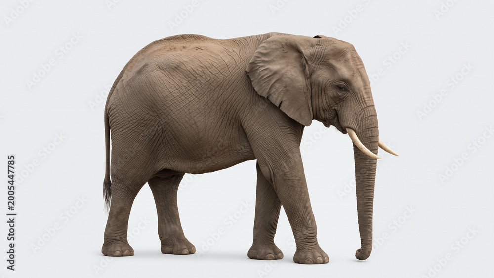 Fototapeta premium Realistic elephant side view isolated on a clean white background, detailed wildlife image with natural texture and full body.