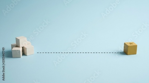 Cubes of different colors are arranged on a light blue background with a dotted line connecting the group on the left to the single gold cube on the right for a conceptual business representation.