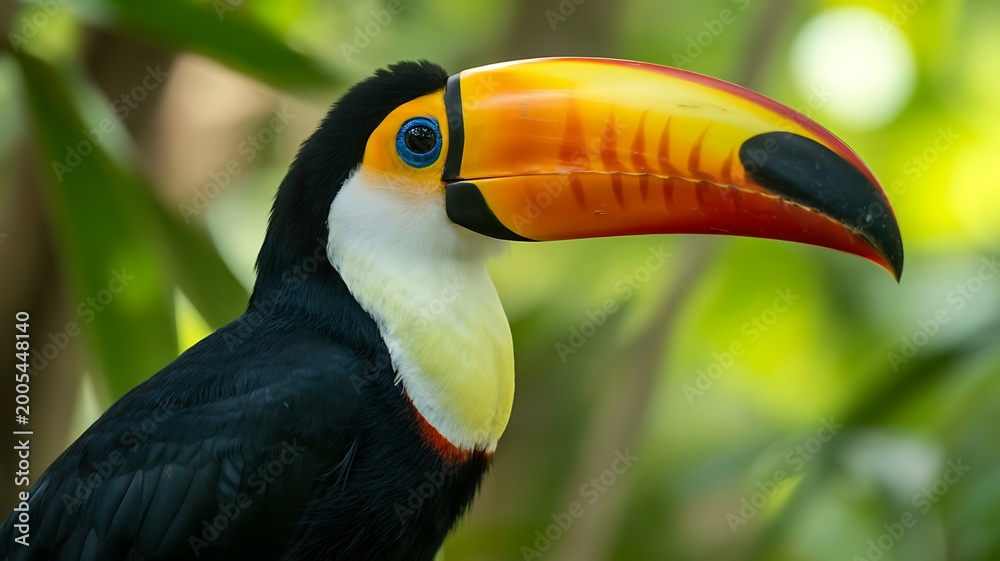 Fototapeta premium A vibrant close up portrait of a toucan with its large colorful beak amidst lush green foliage showcasing tropical biodiversity
